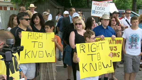 Demonstrators rallied outside a Niagara hospital demanding answers into what's causing the spike of C. difficile cases in Ontario, Wednesday, July 6, 2011.