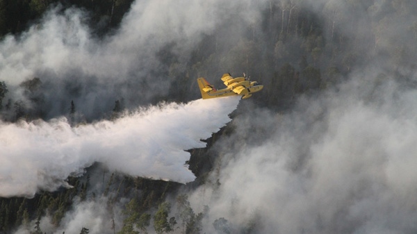 A water bomber flies over a forest fire in Deer Lake, Ont.
