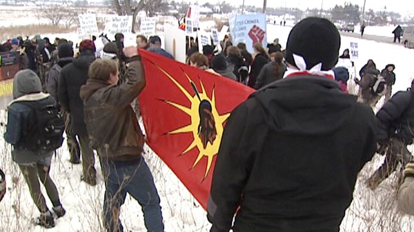 Aboriginal protesters march at the site of a land-claim dispute in Caledonia, Ont. on Sunday, Feb. 27, 2011.