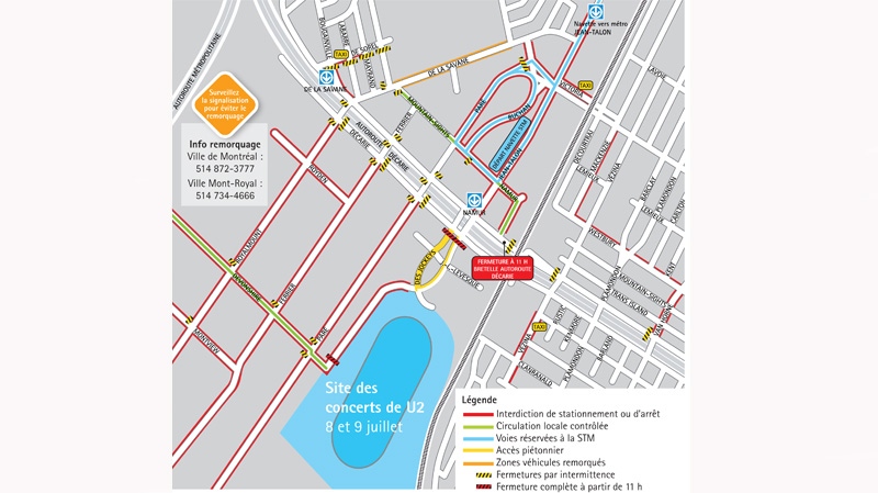 The city of Montreal has released this map of the temporary parking and stopping restrictions in effect due to the U2 concert.