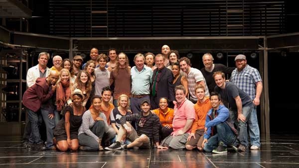 Andrew Lloyd Webber with the cast of Jesus Christ Superstar on the stage of the Stratford Shakespeare Festival's Avon Theatre, after the Lord Lloyd Webber attended a Saturday evening performance.(Terry Manzo / THE CANADIAN PRESS)