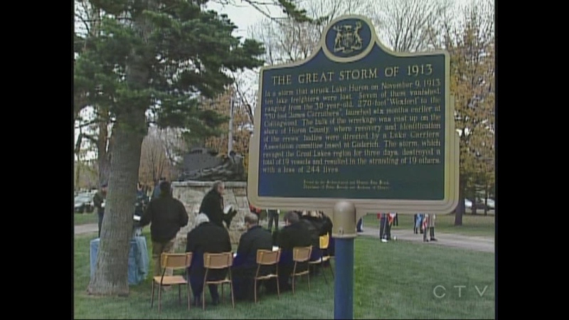 A ceremony unveiling a new memorial to the Great Storm of 1913 is held in Goderich, Ont. on Friday, Nov. 8, 2013.