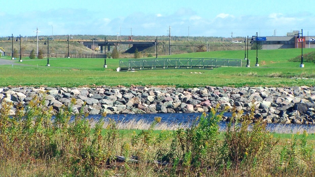 The eighty-acre greenbelt, called Open Hearth Park, in Sydney, N.S. features walking trails, a soccer pitch, and a children's playground.