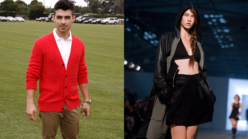 This combined image shows musician Joe Jonas arrives to the charity polo match at The Santa Barbara Polo & Racquet club on Saturday, July 9, 2011, left, and model Karlie Kloss  on a runway in 2009. (AP / Matt Sayles and Charles Sykes)