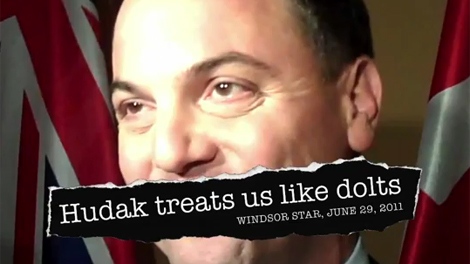 This image taken from the Ontario Liberal ad, 'Catastrophic Cuts Scam,' shows PC Leader Tim Hudak.