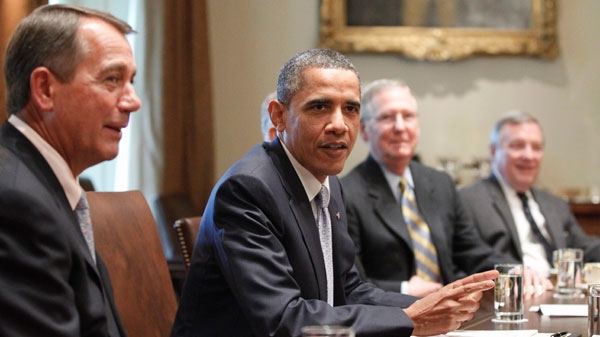 U.S. President Barack Obama meets with Congressional leaders regarding the debt ceiling in the Cabinet Room of the White House in Washington, Wednesday, July 13, 2011. (AP / Charles Dharapak)