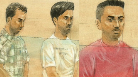 Senthuran Sabesan, 23, of Waterloo; Gobinath Shanthkumar,23, of Newmarket; and Sohiab Malik, 21, of Waterloo are seen in this combined court sketch on July 14, 2011.