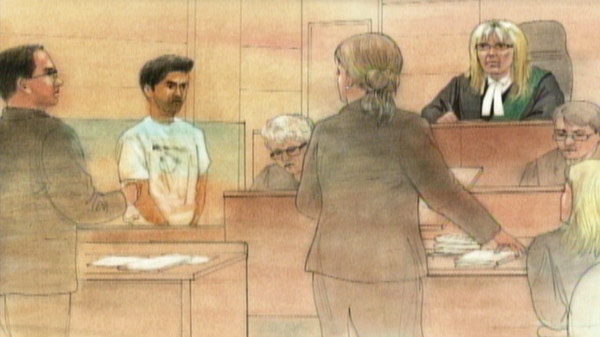 A court sketch shows Senthuran Sabesan, 23, of Waterloo, Ont. in a Brampton, Ont. court on Thursday, July 14, 2011.