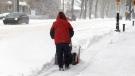 An Alberta resident clears snow on a sidewalk, Saturday, Nov. 16, 2013. 
