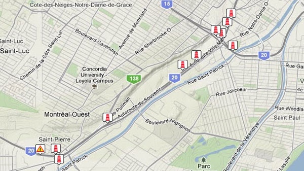This map from Transport Quebec shows the number of major construction projects going on between the Turcot and Ville Saint-Pierre interchanges of Highway 20.