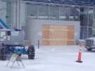 The entrance to the Bruce Power Visitor's Centre is seen boarded up Monday, Nov. 15, 2013 after a collision on Friday. (Scott Miller / CTV London)