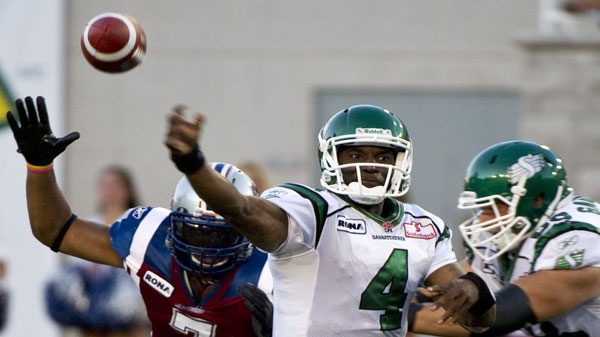 Saskatchewan Roughriders quarterback Darian Durant throws against the Montreal Alouettes during second quarter CFL football action Sunday, July 24, 2011 in Montreal. THE CANADIAN PRESS/Paul Chiasson