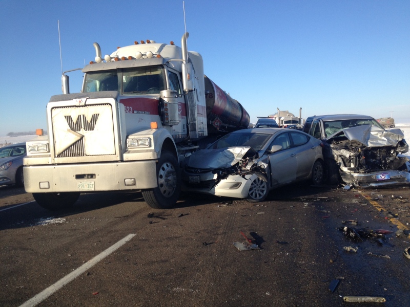 A crash involving six semi-trucks and over 20 vehicles injured 40 people and sent 13 to hospital Saturday morning. (photo supplied by Dustin Carrier)