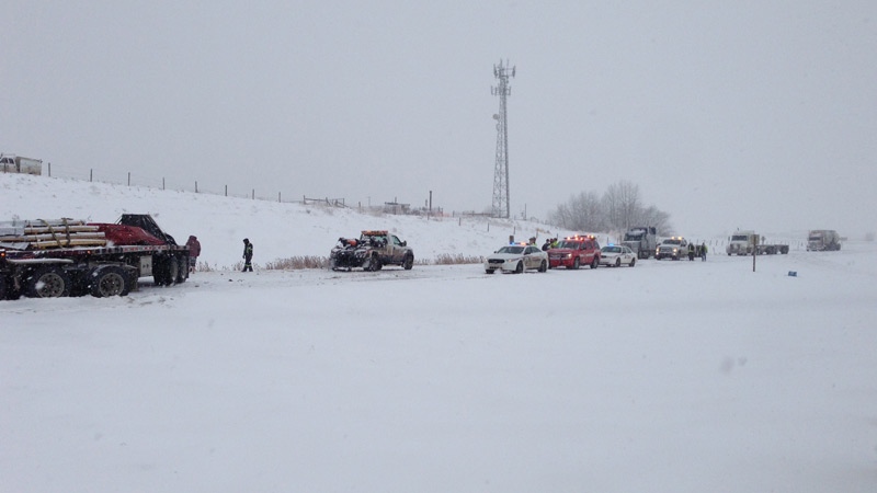 RCMP and emergency crews on the scene of a massive crash involving about 10 cars, that forced officers to close Hwy 16 eastbound between Broadmoor Blvd. and Hwy 21 on Monday, December 2.