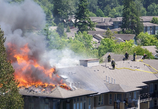 A view of the fire, which damaged an apartment building on the University of British Columbia endowment lands.