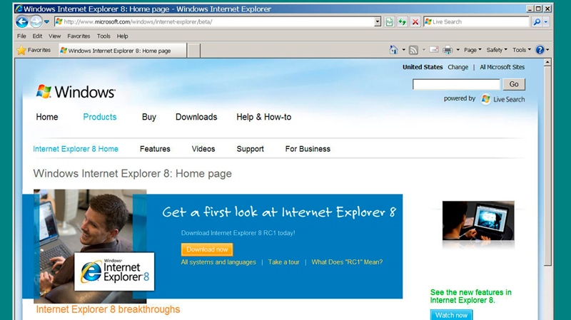 This is an image of a page on the Microsoft Internet Explorer 8 Web site taken Thursday March 19, 2009.