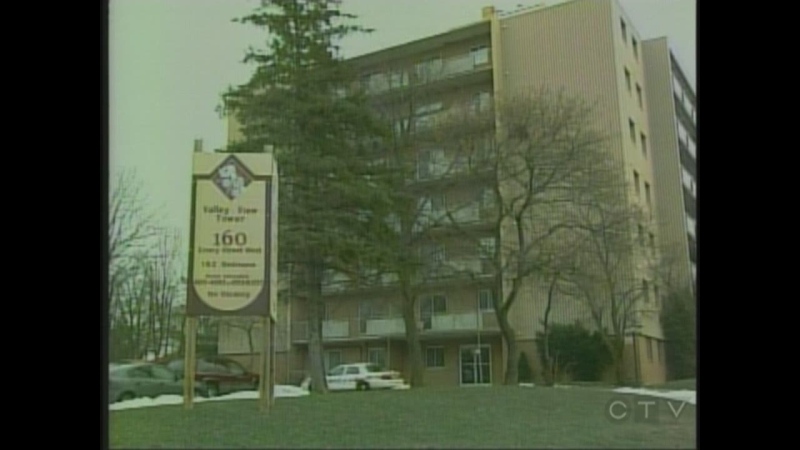 An apartment building on Emery Street West is seen a day after four men were stabbed in London, Ont., Monday, Dec. 9, 2013.