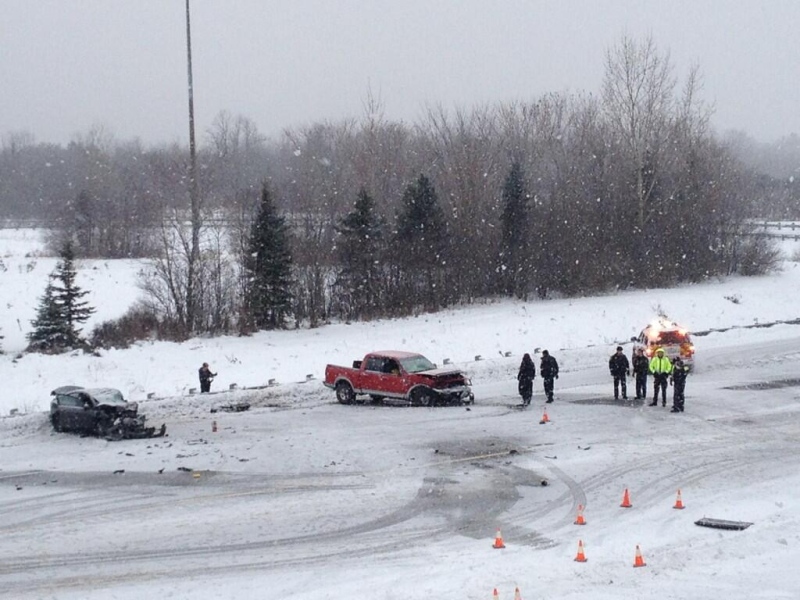 The scene of a fatal crash on Highway 416 near Hunt Club Road Tuesday morning.