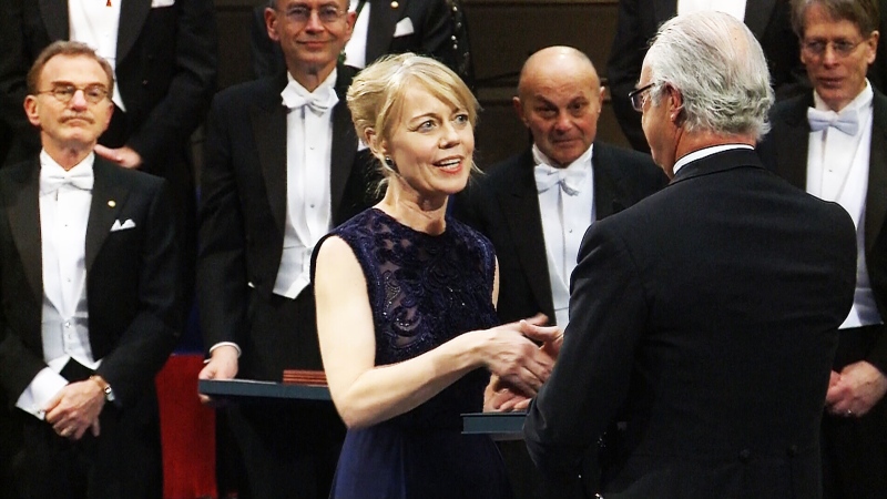 Alice Munro's daughter Jenny accepts the Nobel Prize for Literature in Stockholm on Tuesday, Dec. 10, 2013.