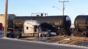 A semi was hit by a freight train in Weyburn on Wednesday. (RCMP handout)