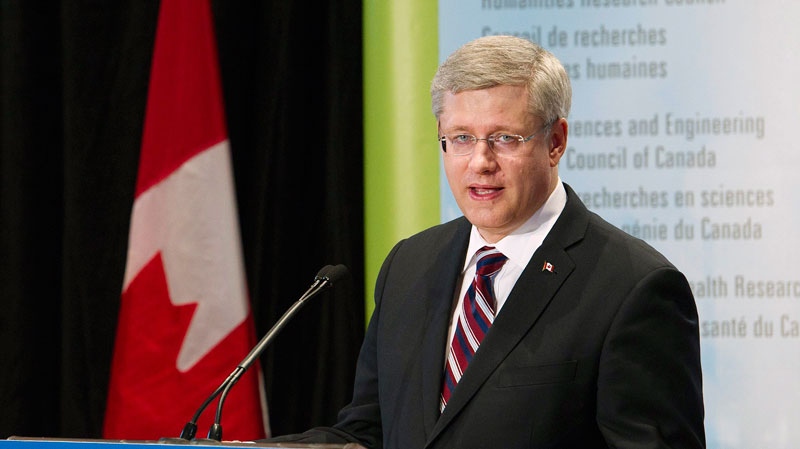 Prime Minister Stephen Harper speaks at McMaster University in Hamilton, Ont., on Wednesday, August 3, 2011. (Nathan Denette / THE CANADIAN PRESS)