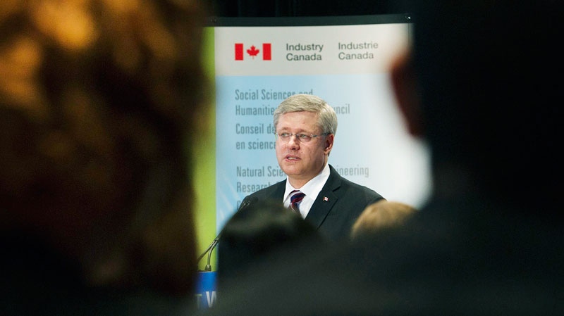 Prime Minister Stephen Harper speaks at McMaster University in Hamilton, Ont., on Wednesday, August 3, 2011. (Nathan Denette / THE CANADIAN PRESS)