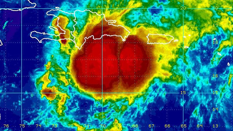 Tropical Storm Emily moves toward the Dominican Republic and Haiti as seen in this enhanced NOAA satellite image taken at 10:15 p.m. ET, Wednesday, Aug. 3, 2011.