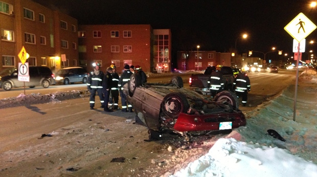 A crash snarled rush-hour traffic on Notre Dame Avenue Friday evening when a car ended up on its roof after colliding with a truck.