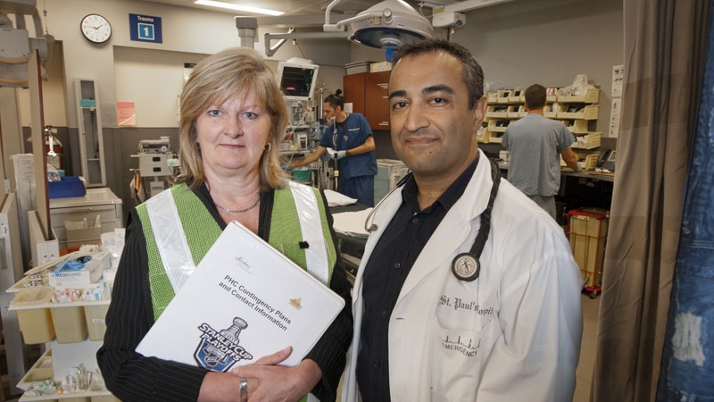 Jeanette Beattie, leader, Emergency Preparedness, Providence Health Care and Dr. Sunil Mangal, emergency physician, St. Paul�s Hospital, in the emergency department at St. Paul�s Hospital in Vancouver, BC.