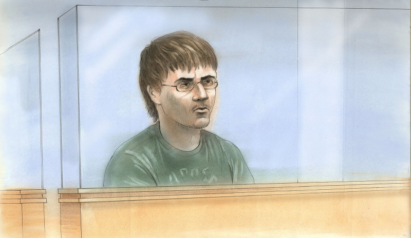 Shayne Lund is depicted in this court sketch created during his appearance in Barrie court Dec. 16, 2013.