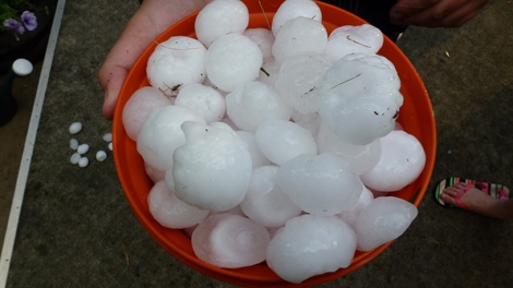 CTV viewer Paul Spasoff took this photo of hail that fell around the Lake Diefenbaker area on Saturday night.