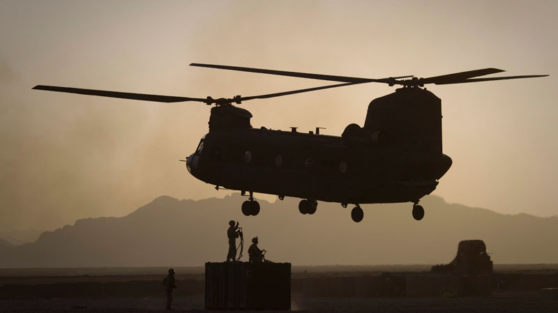 A US Marines Chinook helicopter is seen in the Helmand Province of southern Afghanistan on June 9, 2011. (AP / Anja Niedringhaus)