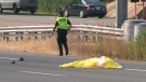 The body of a man who died after a motorcycle and a truck collided on a highway is covered in Brampton, Ont., on Monday, Aug. 8, 2011.  Provincial police said the man was riding his motorcycle north on Hwy. 410 near Steeles Avenue at about 9 a.m. when he rear-ended a truck.