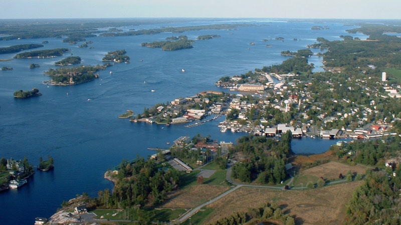 This photo provided by the Alexandria Bay Chamber of Commerce shows a 2002 aerial view of Alexandria Bay in the Thousand Islands region of New York. (AP Photo/Alexandria Bay Chamber of Commerce, Thomas Weldon)
