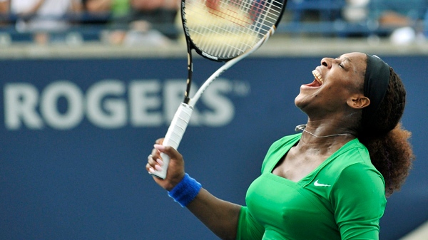 Serena Williams, of the United States, reacts moments after defeating Samantha Stosur, of Australia, during Rogers Cup finals women's action in Toronto on Sunday, August 14, 2011. THE CANADIAN PRESS/Nathan Denette