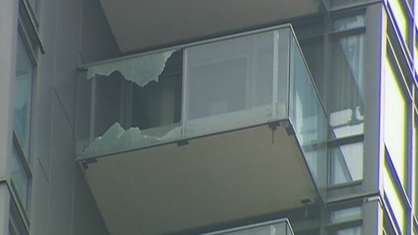 The broken balcony glass at Grenville and Bay Streets on Monday, Aug. 15, 2011.