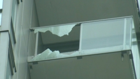 The broken balcony glass at Grenville and Bay Streets on Monday, Aug. 15, 2011.