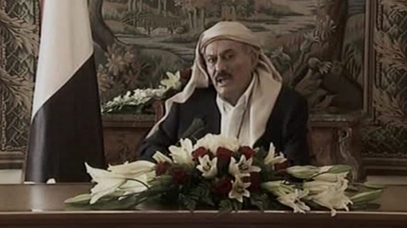 In this image made from video, Yemeni President Ali Abdullah Saleh speaks during a televised address from Saudi Arabia on Tuesday, Aug. 16, 2011. (AP Photo/Yemen TV via APTN)