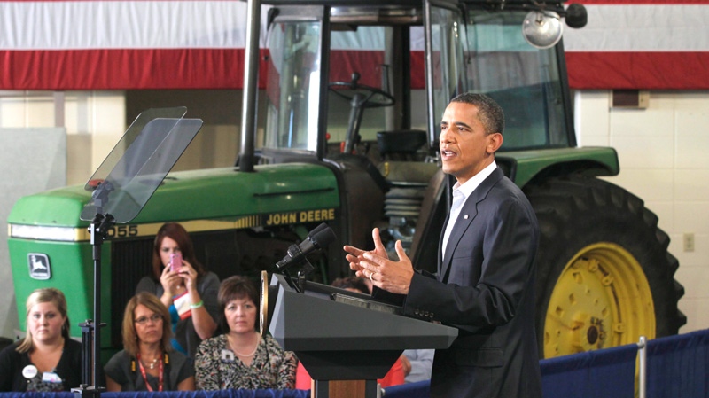 U.S. President Barack Obama speaks during a Rural Economic Forum at Northeast Iowa Community College in Peosta, Iowa, Tuesday, Aug. 16, 2011. (AP / Carolyn Kaster)