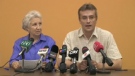 CUPE Local 79 head Ann Dembinski (left) is seen beside CUPE 416 president Mark Ferguson at a joint press conference in July 2009. 