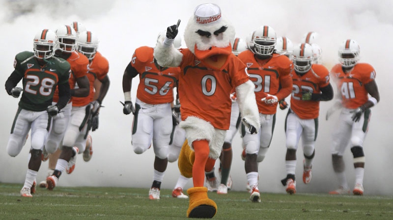 Miami Hurricanes' Mascot, Ibis, rushes the field with players before Miami's annual spring football game at the Lockhart Stadium in Fort Lauderdale, Fla. on Saturday, April 16, 2011. (AP Photo/El Nuevo Herald, David Santiago) 