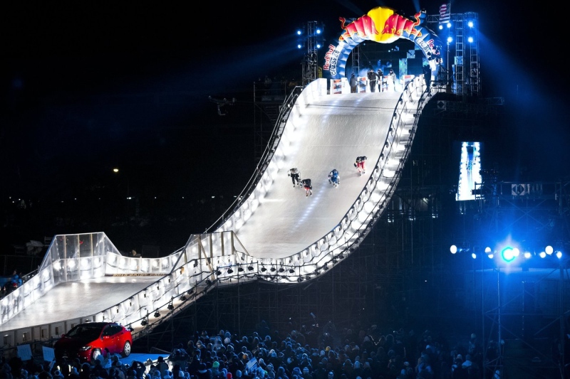 A 400-metre-long ice track, with a huge vertical drop, awaited the ice cross downhill elite for the second stop in Saint Paul, Minnesota, on Jan. 26, 2013. (Garth Milan/Red Bull Crashed Ice)