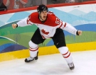 Canada's Sidney Crosby celebrates his game winning goal during overtime period in the men's ice hockey gold medal final at the 2010 Winter Olympic Games in Vancouver on Feb. 28, 2010. (Paul Chiasson / THE CANADIAN PRESS)