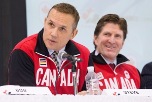Team Canada Olympic hockey team Executive Director Steve Yzerman and head coach Mike Babcock, right, speak following the announcement of the team roster in Toronto, Tuesday Jan. 7, 2014. (Mark Blinch / THE CANADIAN PRESS)