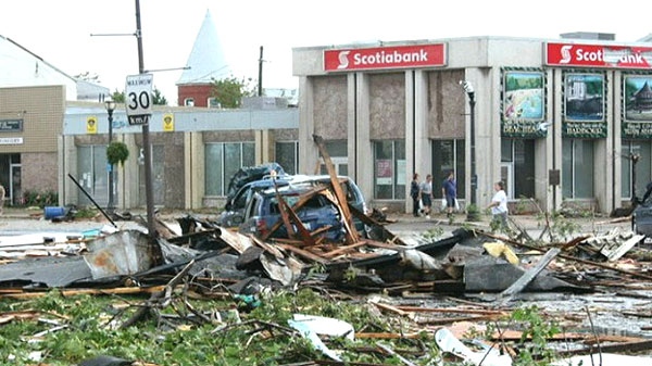 Damage on the streets of Goderich, Ont. after a tornado tore through the town Sunday, Aug. 21, 2011. (Paul Mcmullen)