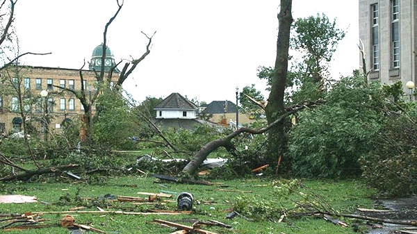 Damage on the streets of Goderich, Ont. after a tornado tore through the town Sunday, Aug. 21, 2011.