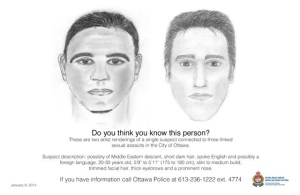 Suspect description: possibly of Middle Eastern descent, short dark hair, spoke English and possibly a foreign language, 20-30 years old, 5’9” to 5’11” (175 to 180cm), slim to medium build, trimmed facial hair, thick eyebrows and a prominent nose. (Ottawa Police handout)