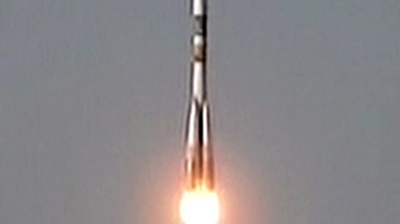 A Soyuz rocket booster carrying the Progress supply ship is launched from the Baikonur cosmodrome in Kazakhstan, Wednesday, Aug. 24, 2011. (Rossiya 24 TV Channel)