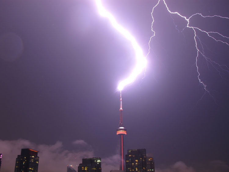 MyNews contributor Ronald Alvarado shared this photo of a lightning bolt hitting the CN Tower in Toronto, late Wednesday, Aug. 24, 2011.