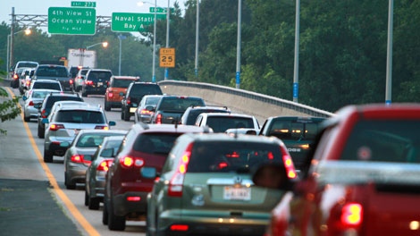 Cars clog the roadway to the Hampton Roads Bridge Tunnel as Hurricane Irene approaches, in Norfolk, Va., Thursday, Aug. 25, 2011. (AP / Steve Helber)